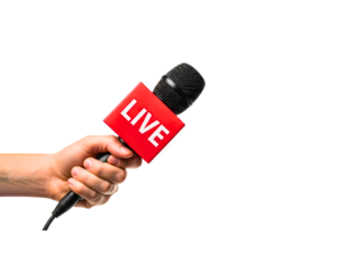 Hand holding a microphone with the word live isolated on transparent background