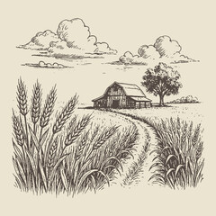 Vintage hand-drawn sketch vector of a rural countryside farm with fields and barn, great for rustic prints or agricultural themes.