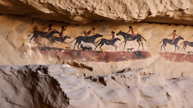Acoma cave painting depicting a group of figures on horseback, with a dog accompanying them, set against a backdrop of a rocky terrain. The figures are painted in traditional attire.