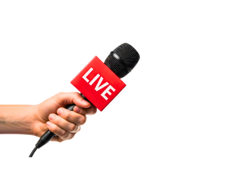 Hand holding a microphone with the word live isolated on transparent background