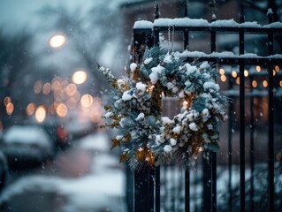 Frosted Winter Wreath with Blue and Gold Accents Hanging on a Snow-Dusted Iron Fence, Blurred Warm Lights Background