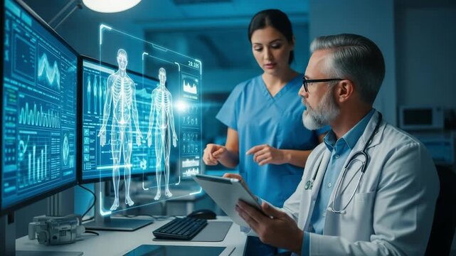 Doctor and nurse analyzing 3d human body scan on computer screens