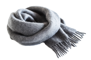 Cozy knitted grey scarf isolated on transparent background. Gray woolen scarf isolated on white background.