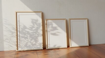 Three blank picture frames leaning against a wall with shadows