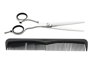 Professional barber scissors and comb isolated on transparent background