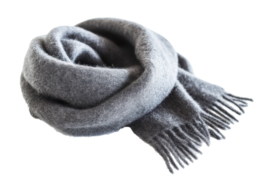 Cozy knitted grey scarf isolated on transparent background. Gray woolen scarf isolated on white background.