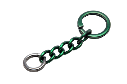 Green metal curb chain keychain isolated on transparent background. Green charm chain small chain keychain isolated on white background.