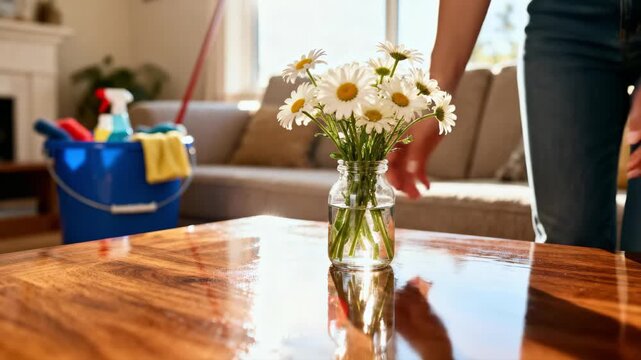 Woman's hands placing a vase of fresh daisies on a clean wooden table. Finishing touches after house cleaning. Home decor and domestic lifestyle concept