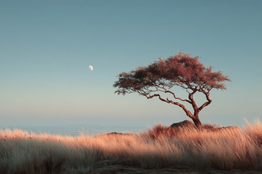 Lone tree stands tall in a golden field near grassy dunes under a cloudy sky on a breezy day, creating a beautiful nature landscape scene