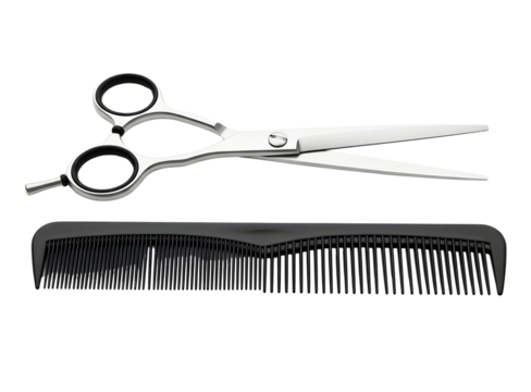 Professional barber scissors and comb isolated on transparent background