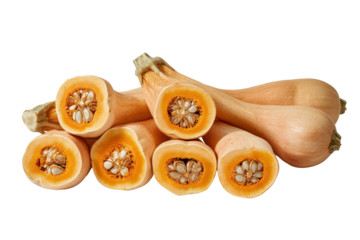 Several halved butternut squash pieces isolated on transparent background. Group of cut and slice butternut squash chunks isolated on white background.
