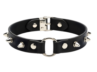 Black leather choker with metal spikes and ring isolated on transparent background