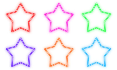 Stars outline neon light frame, set of colorful shaped object elements isolated on white background