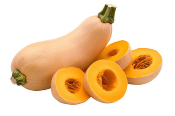 Several halved butternut squash pieces isolated on transparent background. Group of cut and slice butternut squash chunks isolated on white background.