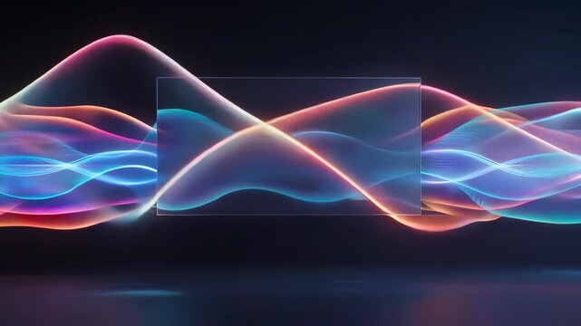 Abstract design with flowing, colorful light waves and a transparent rectangular frame