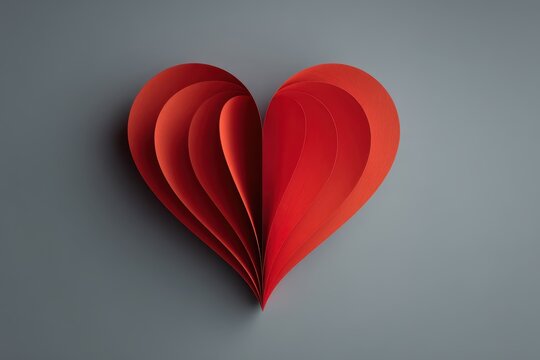 Paper heart layers on white surface creating depth, design for Valentine's Day concept and symbolizing love, with gradient shades of red and orange