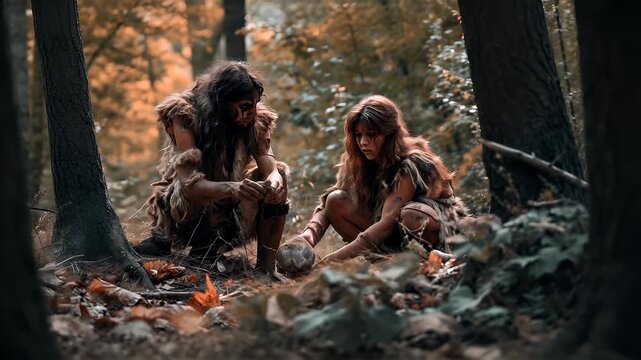 Stone age caveman. Aboriginal women in forest setting with autumnal foliage and rocks.