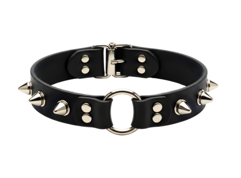 Black leather spiked choker with silver ring isolated on transparent background