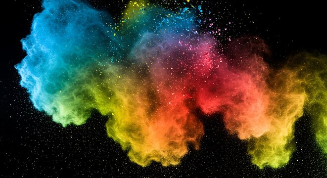 Colorful powder explosion against a black background, vibrant hues of blue, green, yellow, orange, and red create a dynamic cloud of dust