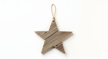 Rustic wooden star ornament with a natural twine loop for hanging, isolated on a white background