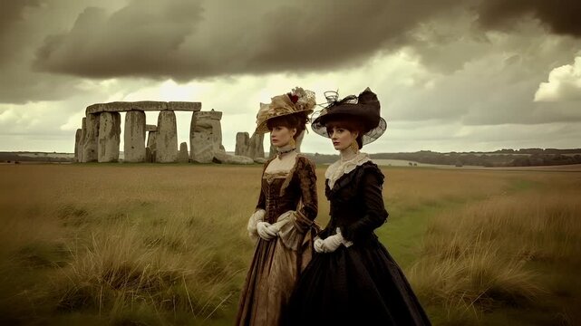 A woman in a Victorianera dress and hat stands in a field with a stone monument in the background. The sky is overcast, and the overall color palette is muted with earthy tones.
