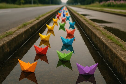 Colorful paper boats sailing down a narrow waterway between the asphalt roads