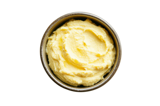 Creamy mashed hummus in a white oval dish isolated on transparent background. Hummus in a bowl isolated on white background.