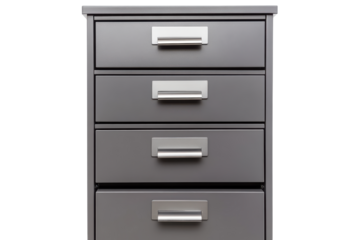 Gray metal filing cabinet with five drawers isolated on transparent background. Gray filing cabinet on white background.