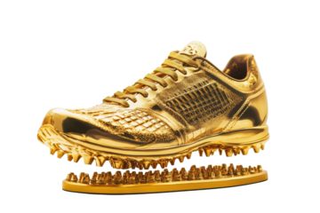 Golden running shoe with spikes isolated on transparent background. Tall gold runners shoe trophy isolated on white background.