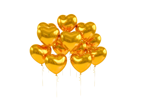 Cluster of golden heart shaped balloons isolated on transparent background