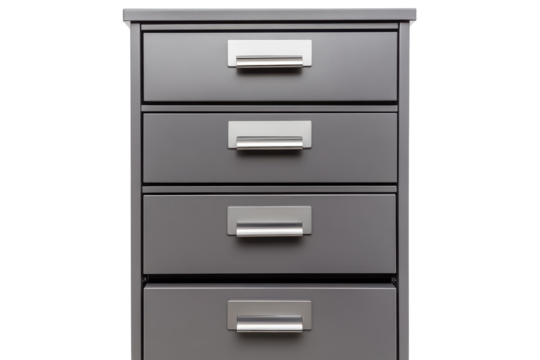 Gray metal filing cabinet with five drawers isolated on transparent background. Gray filing cabinet on white background.