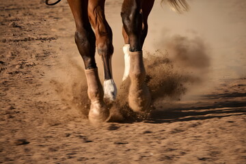 Action shot of a horse's hooves kicking up dust while running