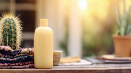  Photograph mockup of yellow shampoo bottle on table, with cloth and cacti. Bright sunlight, blurred background, natural elements, warm tones, soft lighting, high-resolution photography, outdoor lifes