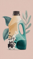  Watercolor illustration of an eco-friendly detergent bottle with soft artistic style. Pastel tones and gentle gradients emphasize sustainability. The design includes negative space for typography