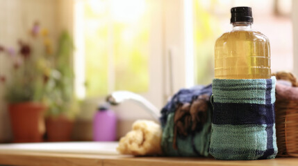 Biodegradable detergent bottle placed on wooden counter near sink. Natural lifestyle photography with warm lighting, clean composition, negative space for text, promoting eco-friendly, sustainable