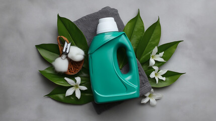  Green plastic laundry detergent bottle on gray background, surrounded by cotton and leaves, creating eco-friendly atmosphere. White cap adds contrast, cloth towel or velvet brush included, minimal