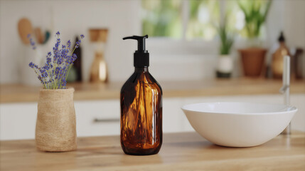 Photorealistic organic soap dispenser beside modern sink, zero waste lifestyle, clean composition, natural daylight, copy space for text, professional product photography, eco-friendly, minimal aesthe