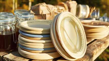  Biodegradable paper plates and cups on outdoor table with eco items like glass jars, organic honey, and tea. Autumn tones, soft sunlight, zero-waste aesthetic, warm atmosphere of sustainable outdoor