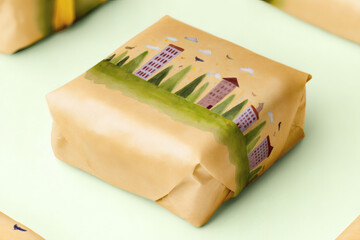 Recycled kraft paper package painted with watercolor illustration of nature. High-resolution macro photo with natural light and eco-conscious tone