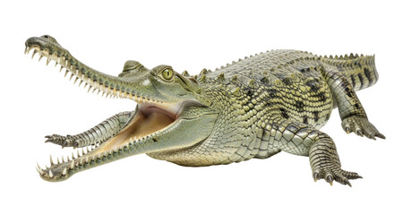 Fototapeta premium Gharial reptile with open mouth and sharp teeth isolated on a transparent background crocodile alligator