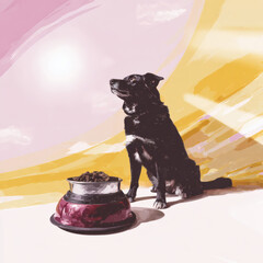 Artistic gouache painting of a dog drinking from a travel bowl. Soft brush textures and warm colors evoke sustainability and affection in pet-themed design