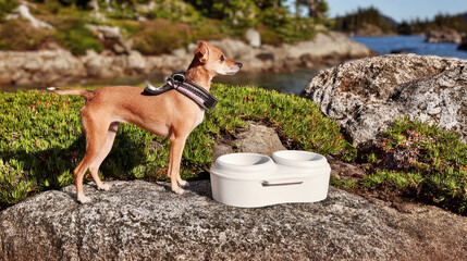 A dog enjoys fresh water outdoors from a reusable travel bowl. Natural sunlight and greenery highlight sustainability and outdoor pet lifestyle aesthetics