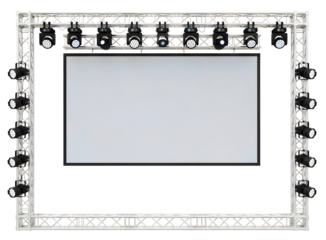 Stage lighting truss with projection screen isolated on transparent background
