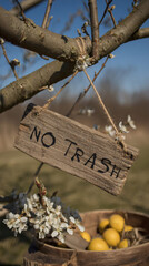 A cozy rustic scene with a hand-painted “No Trash” wooden sign hanging from an apple tree branch. In front sits a basket of lemons and white flowers under natural sunlight. Perfect for eco lifestyle