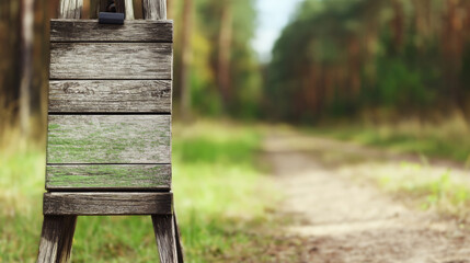 Wooden eco sign displayed in a natural forest under sunlight, conveying an environmental conservation message. Clean, minimalist composition ideal for eco campaigns or sustainability visuals