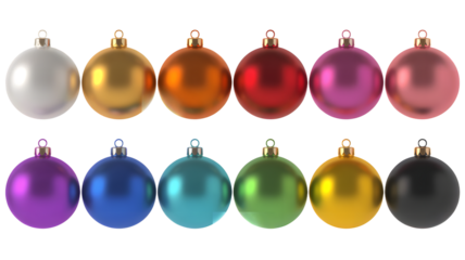 Collection of Twelve Shiny Christmas Ornaments in Various Colors on White Background decoration holiday isolated on a transparent background