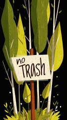 Cute vector-style eco poster showing trees, leaves, and a wooden sign reading “No Trash.” Flat, bright, storybook style illustration ideal for environmental campaigns or children’s materials