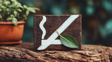 A close-up photograph of a wooden sign featuring a white arrow, leaf, and cigarette symbol, representing an anti-smoking message in a natural setting