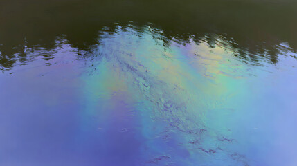  Vibrant, photorealistic rainbow oil slick pattern floating on the surface of calm water. Macro detail reveals iridescent swirls and organic shapes, symbolizing ocean pollution and fragile beauty