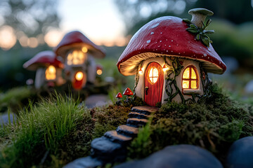 Enchanting mushroom houses in a magical forest at dusk